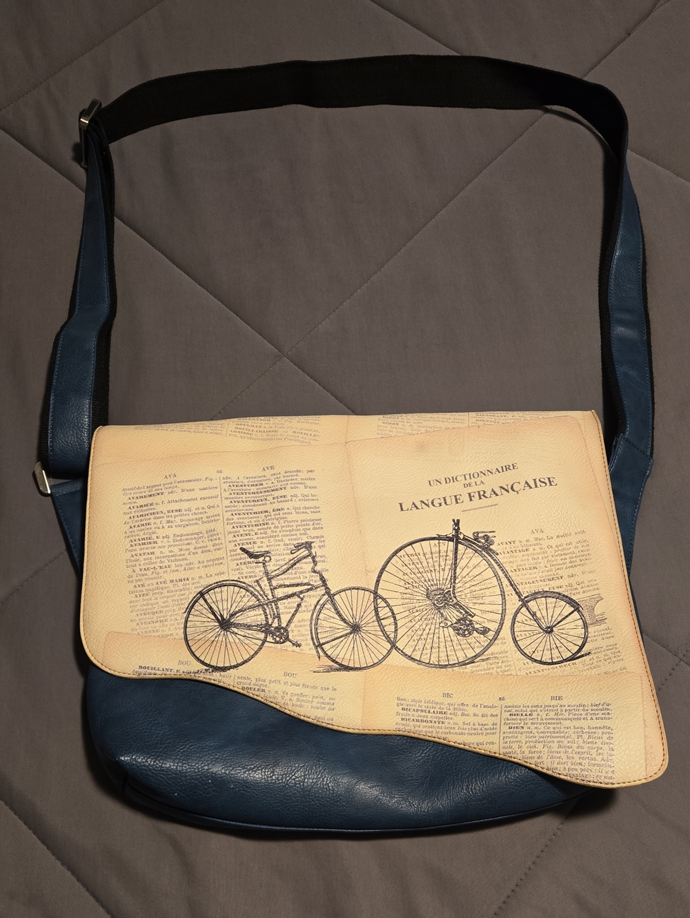 Espe Blue Crossbody Messenger Bag with Vintage Bicycle Print